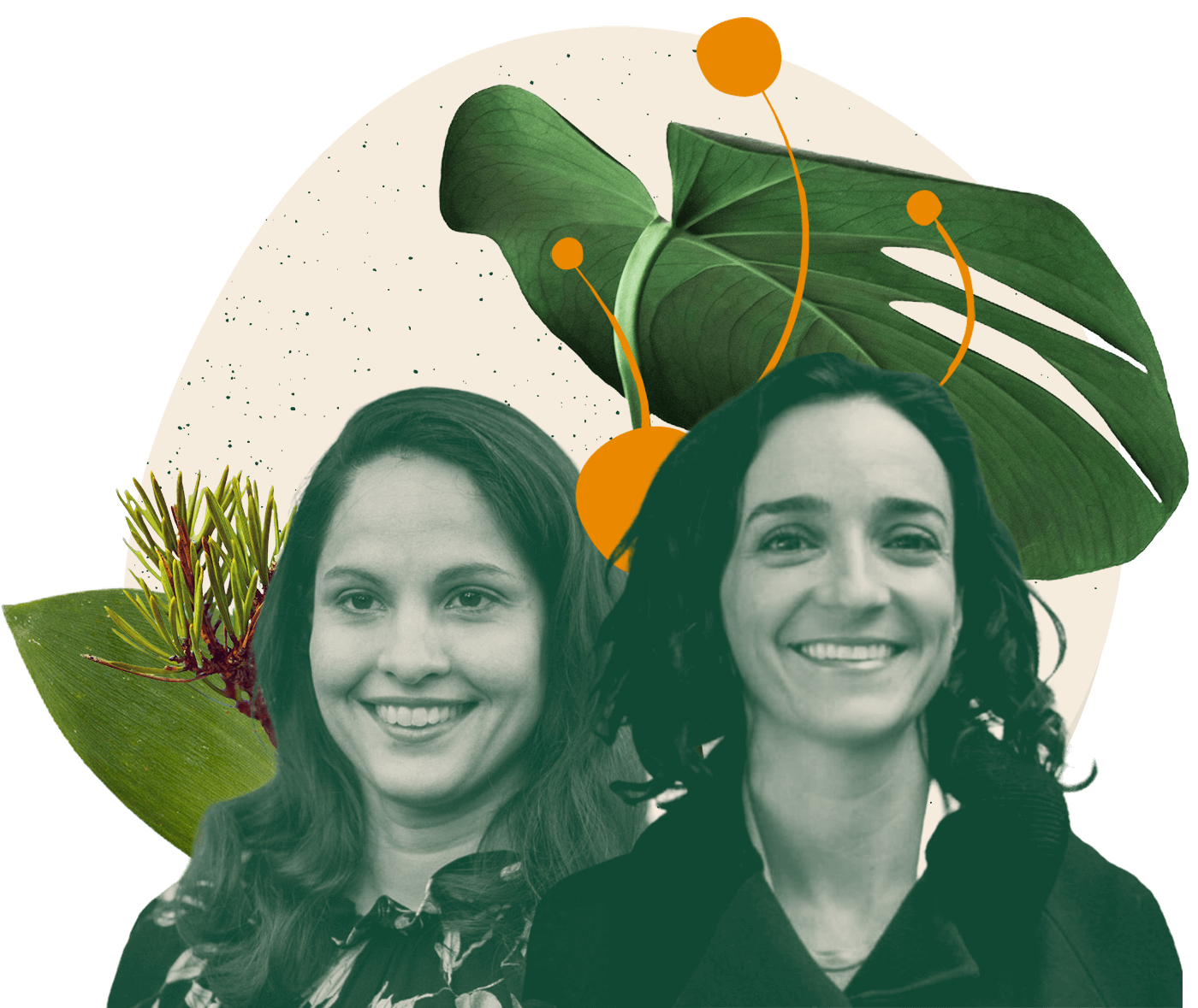 Two women smiling in an artistic collage. Behind them are large green tropical leaves and abstract plant-like shapes with orange accents. The overall image has a nature-themed and modern aesthetic, highlighting the women as central figures.