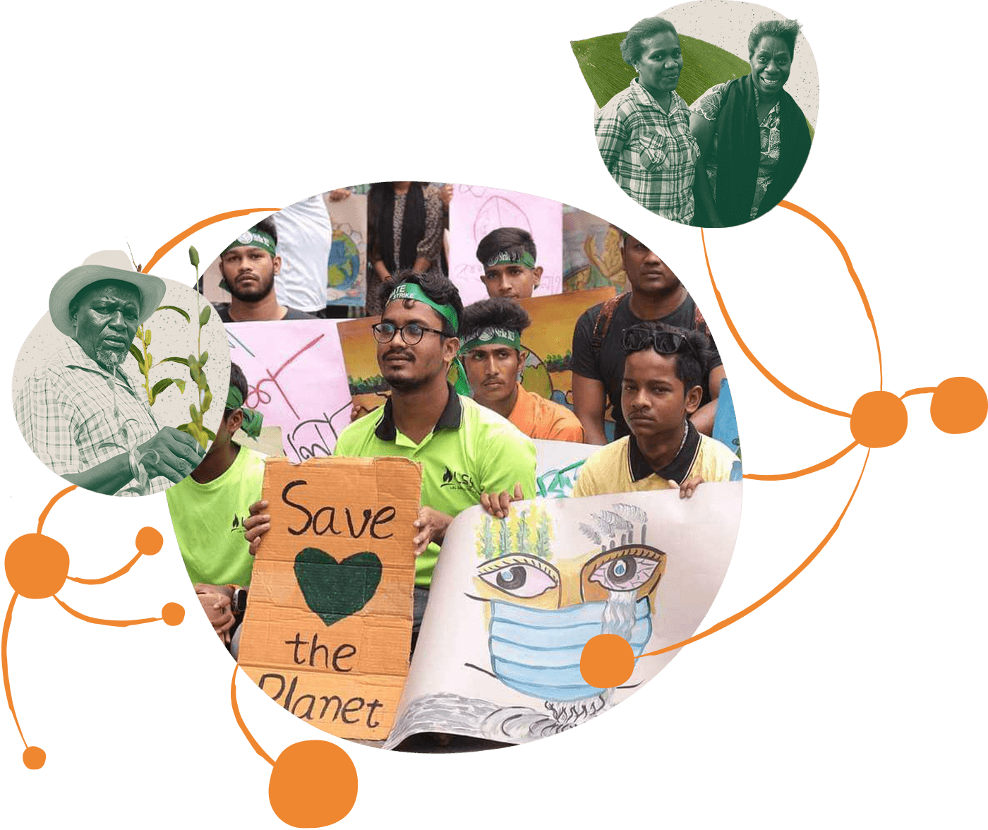 A group of people participate in an environmental protest. Central figures hold signs reading "Save the Planet" and displaying artwork of an eye with a mask. Smaller, peripheral images depict individuals engaged in sustainable activities, like planting tree saplings.