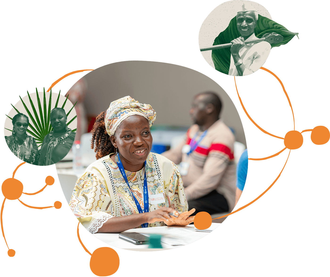 A woman in traditional attire smiles while sitting at a table, engaged in discussion. The image is overlaid with orange lines connecting to smaller circles showing various scenes, including a person with a paddle and another scene with two individuals.