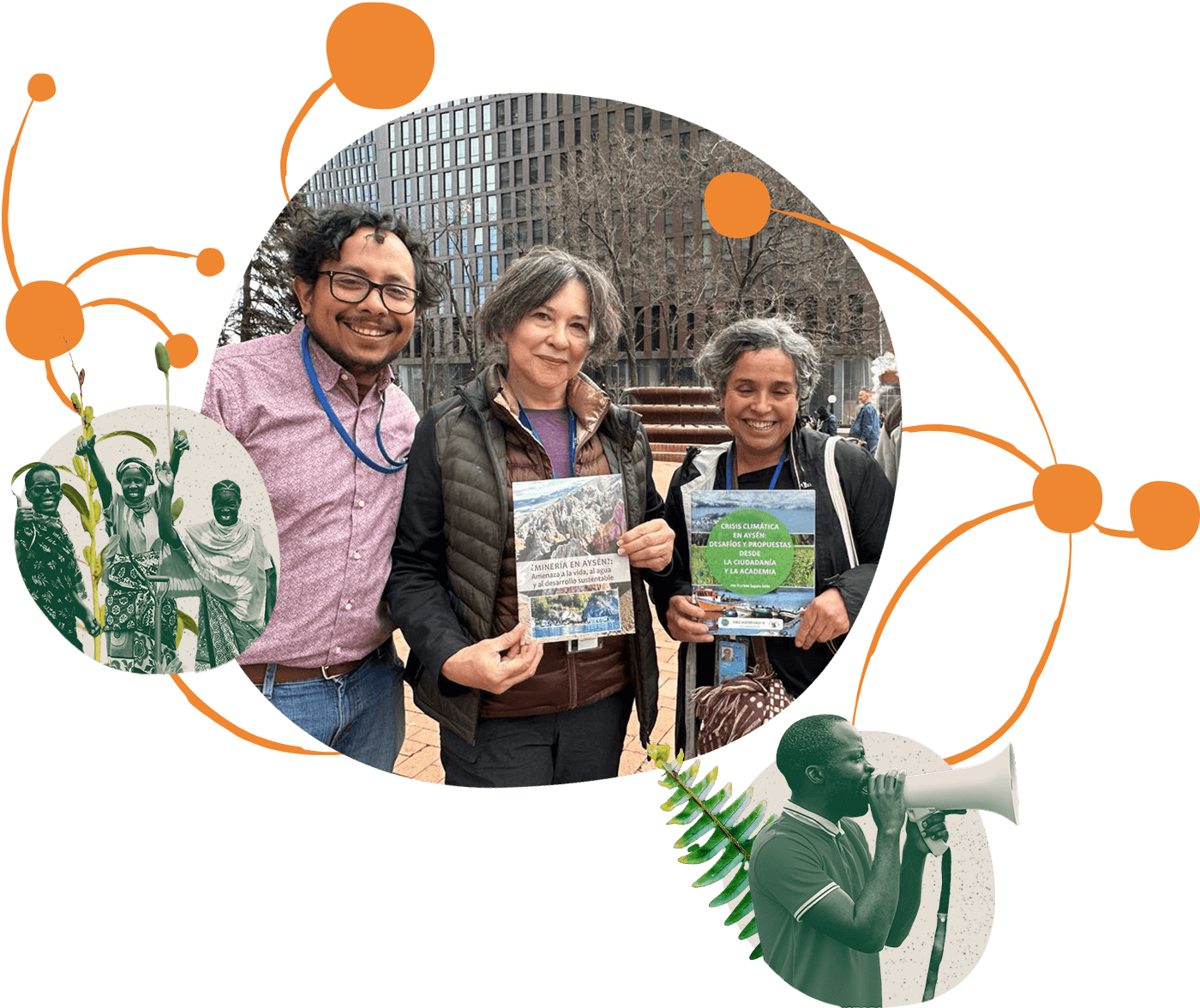 Three people smile while holding a flyer, possibly at a public event. The background contains abstract graphics including connected orange dots, illustrations of people wearing traditional attire, and a person speaking through a megaphone, suggesting community and advocacy themes.