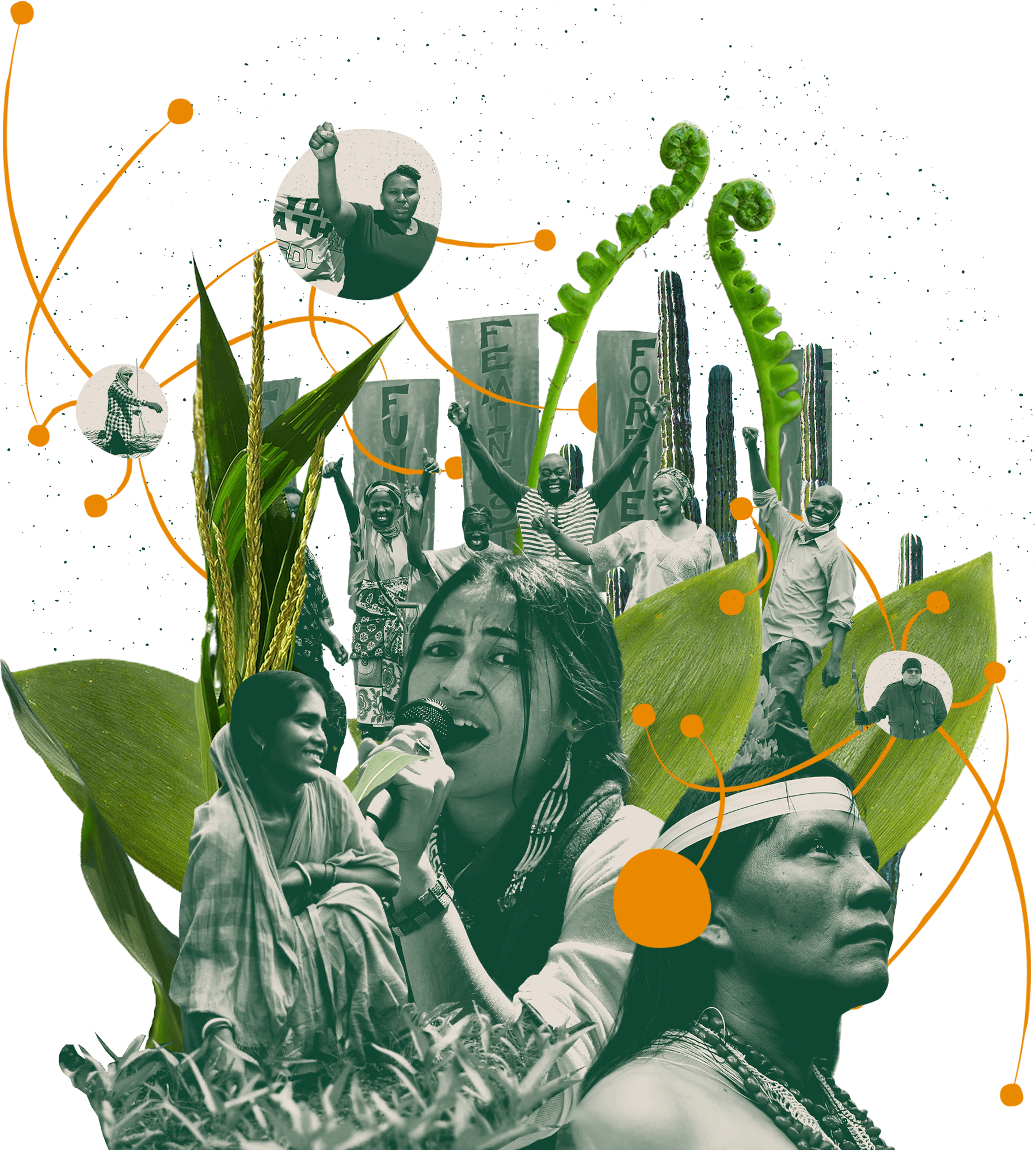 Collage with diverse individuals in green tones amidst plants and abstract shapes. People engage in various activities: raising fists, holding signs, singing, and reflecting. Orange lines and dots connect the elements, suggesting interconnectedness and activism.